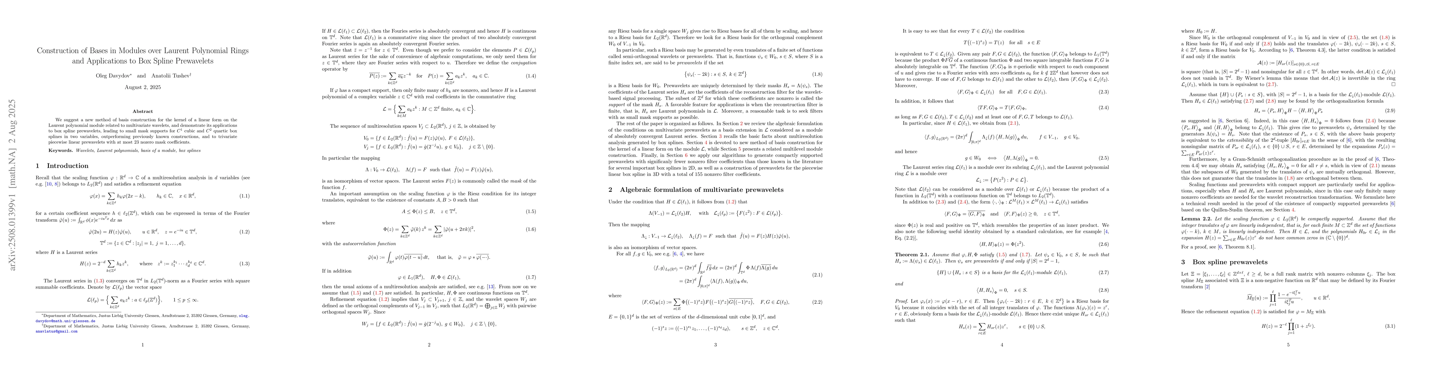 Thumbnail for Construction of Bases in Modules over Laurent Polynomial Rings and
  Applications to Box Spline Prewavelets