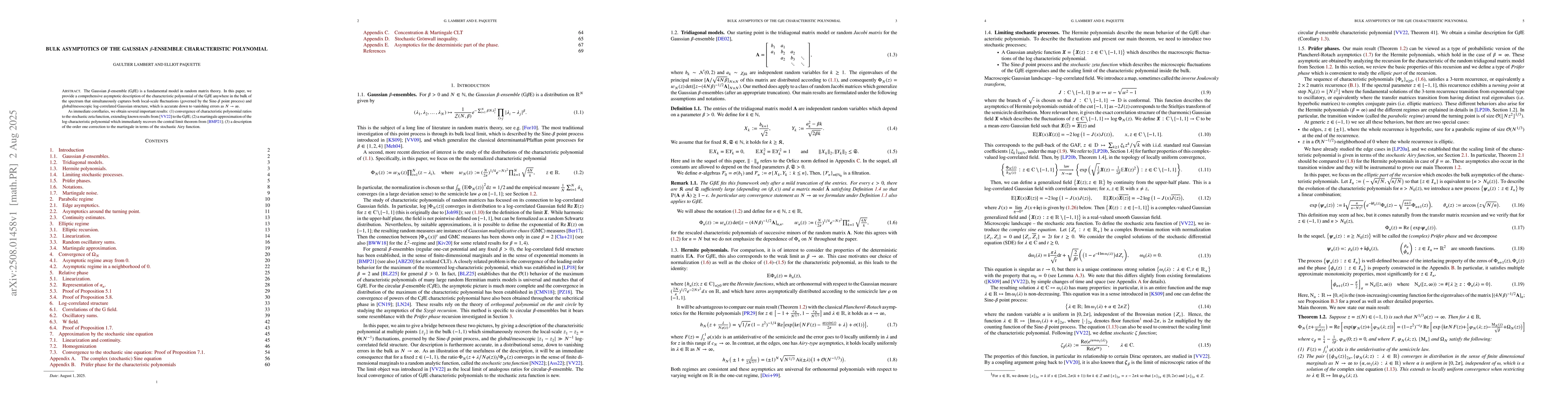 Thumbnail for Bulk asymptotics of the Gaussian $β$-ensemble characteristic
  polynomial