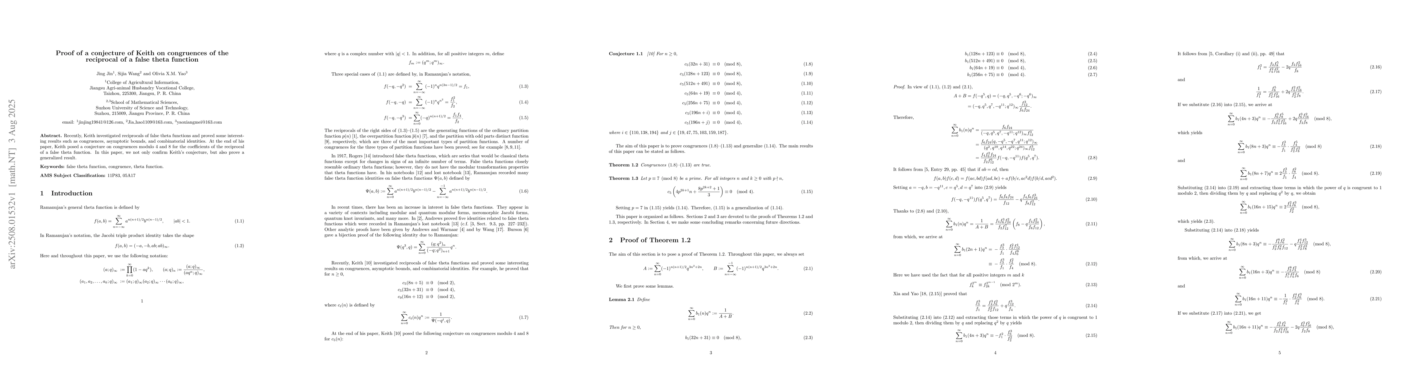 Thumbnail for Proof of a conjecture of Keith on congruences of the reciprocal of a
  false theta function