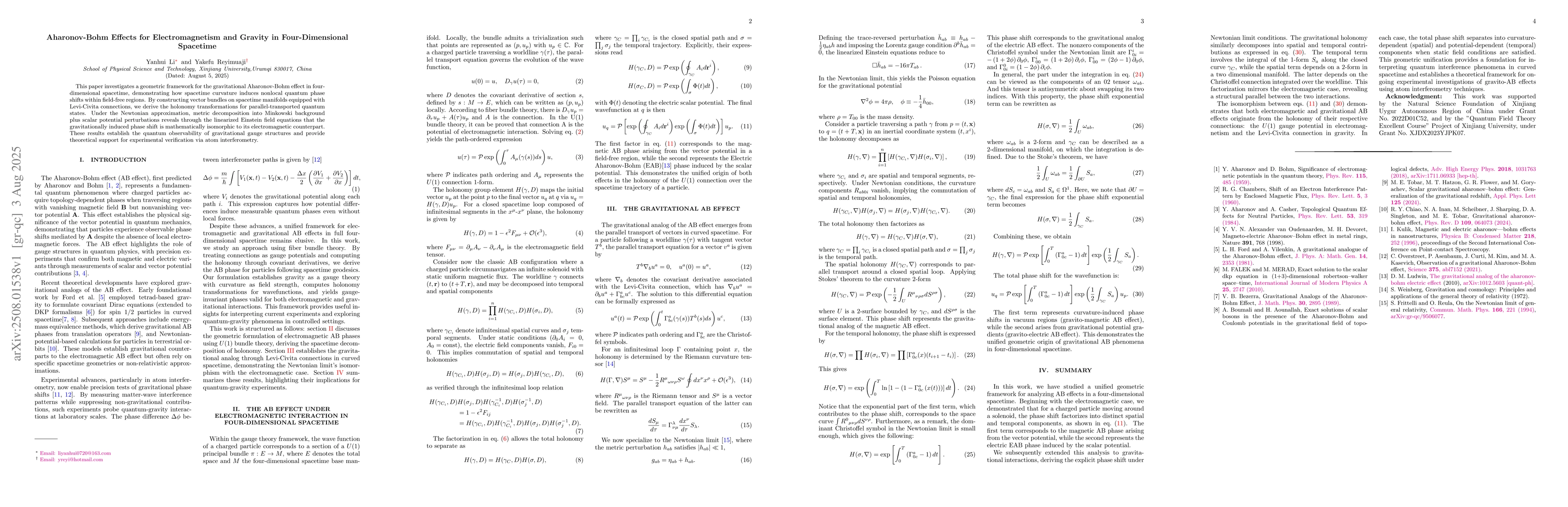 Thumbnail for Aharonov-Bohm Effects for Electromagnetism and Gravity in
  Four-Dimensional Spacetime