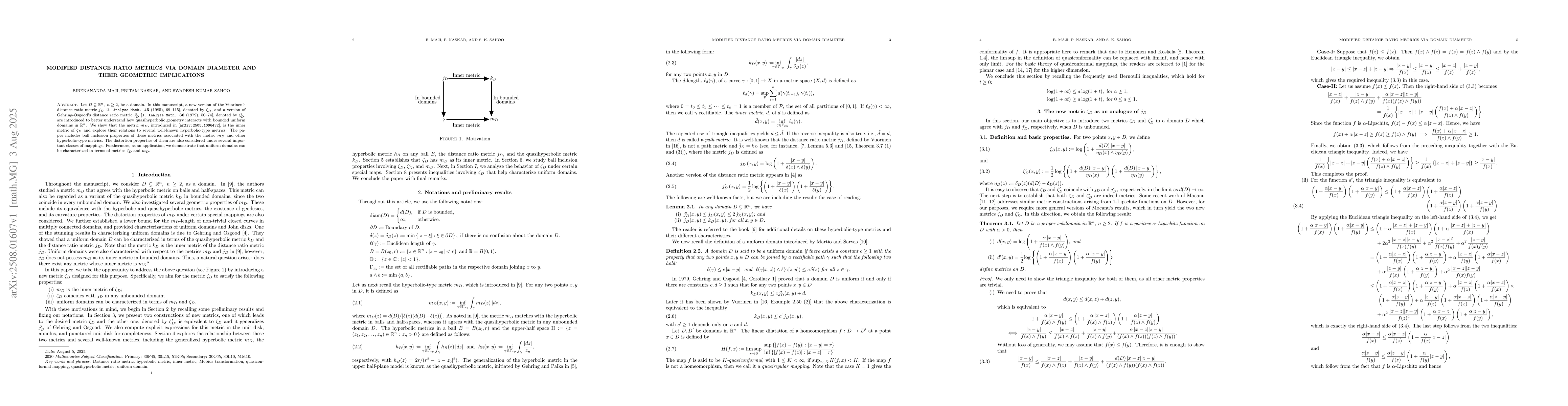 Thumbnail for Modified Distance Ratio Metrics via Domain Diameter and their geometric
  implications