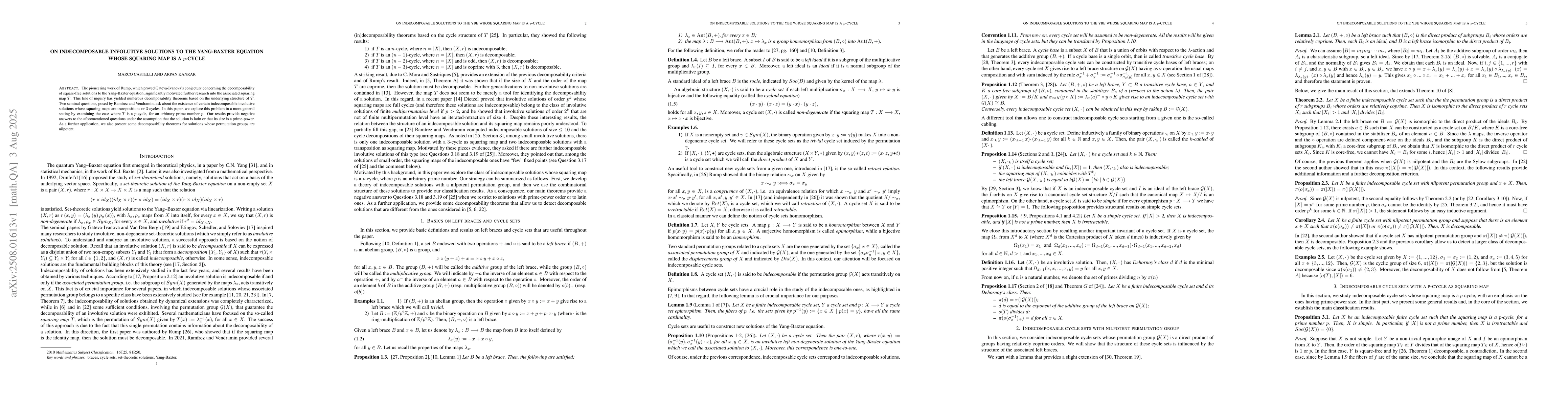 Thumbnail for On indecomposable involutive solutions to the Yang-Baxter equation whose
  squaring map is a $p$-cycle