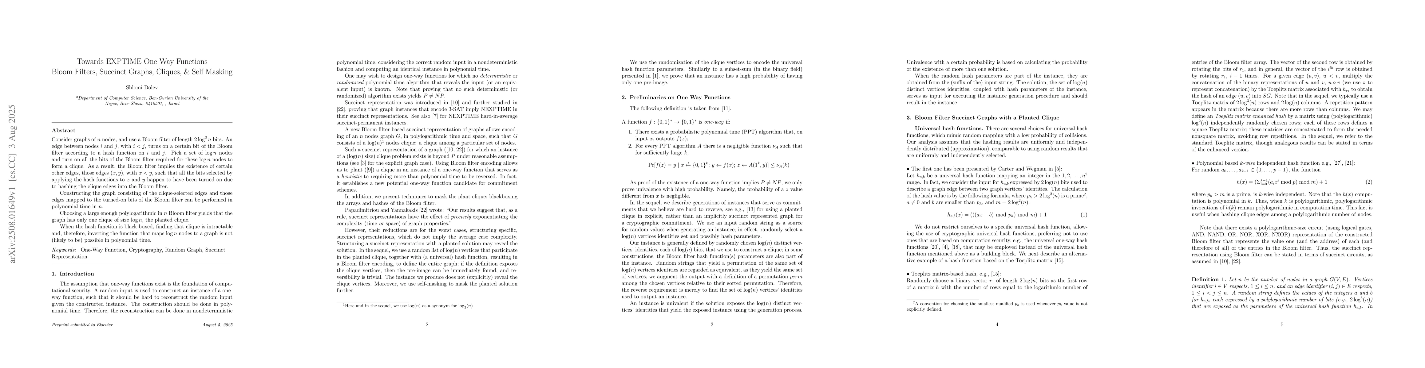 Thumbnail for Towards EXPTIME One Way Functions: Bloom Filters, Succinct Graphs,
  Cliques, & Self Masking