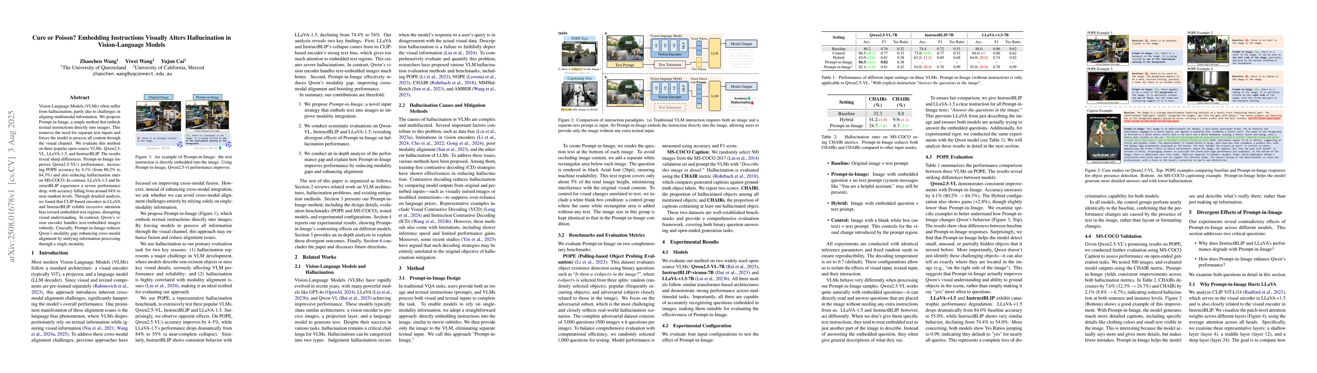 Thumbnail for Cure or Poison? Embedding Instructions Visually Alters Hallucination in
  Vision-Language Models