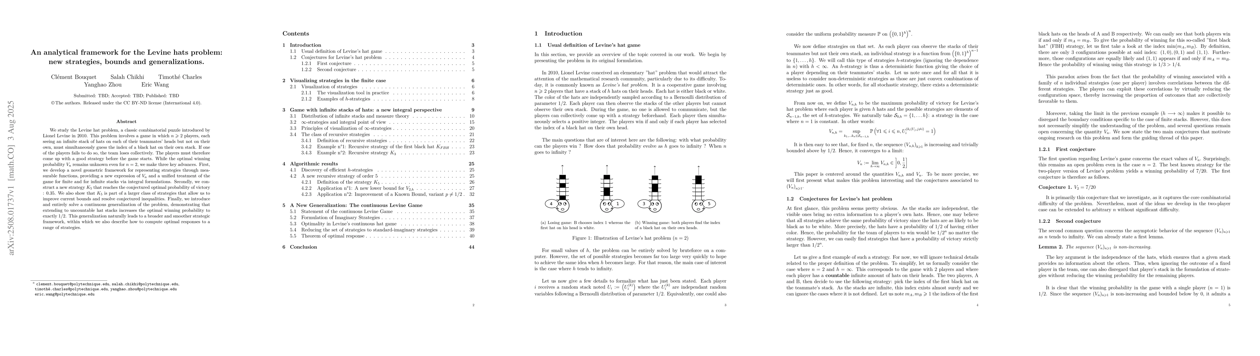 Thumbnail for An analytical framework for the Levine hats problem: new strategies,
  bounds and generalizations