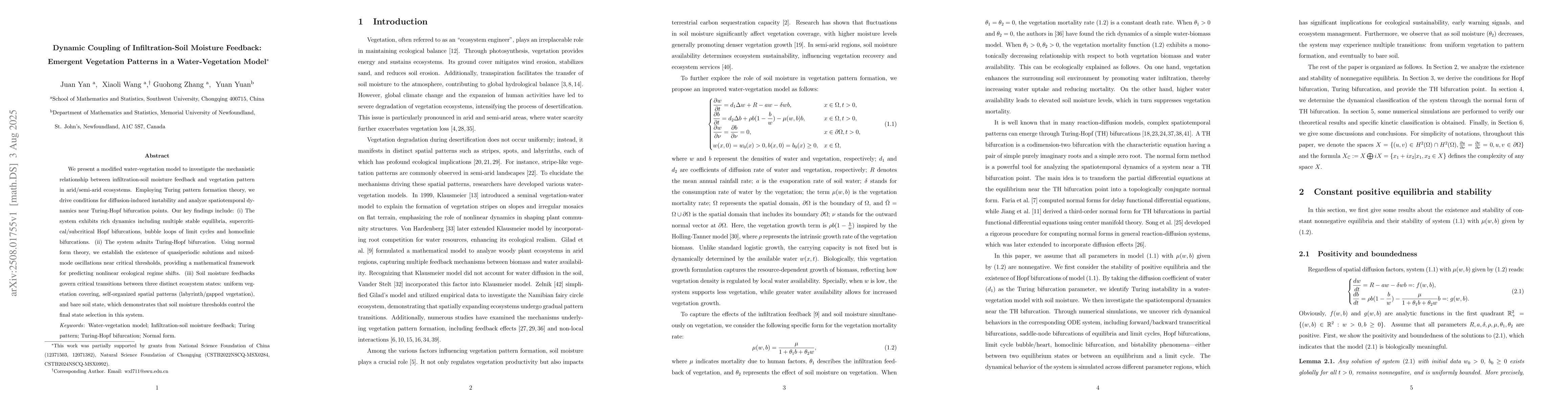 Thumbnail for Dynamic Coupling of Infiltration-Soil Moisture Feedback:Emergent
  Vegetation Patterns in a Water-Vegetation Model