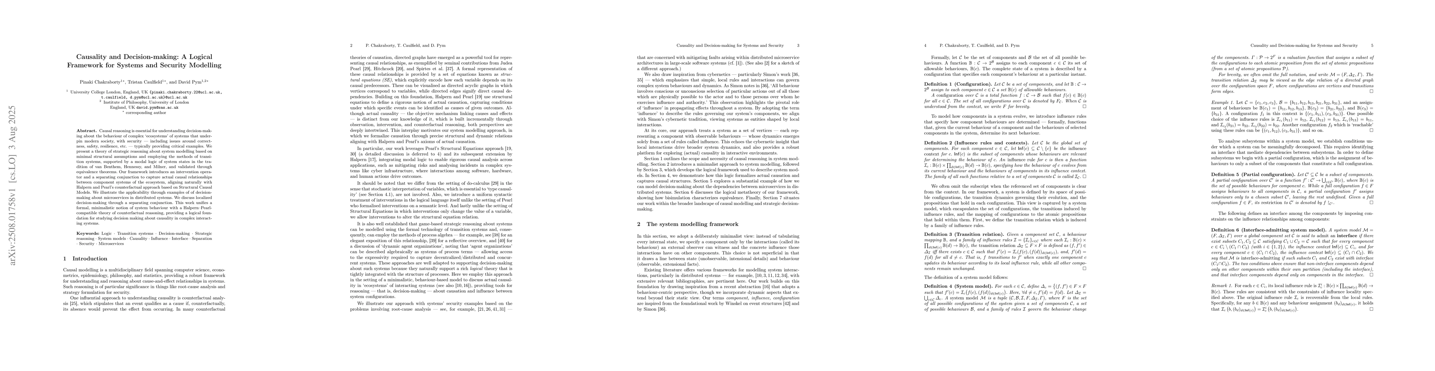 Thumbnail for Causality and Decision-making: A Logical Framework for Systems and
  Security Modelling