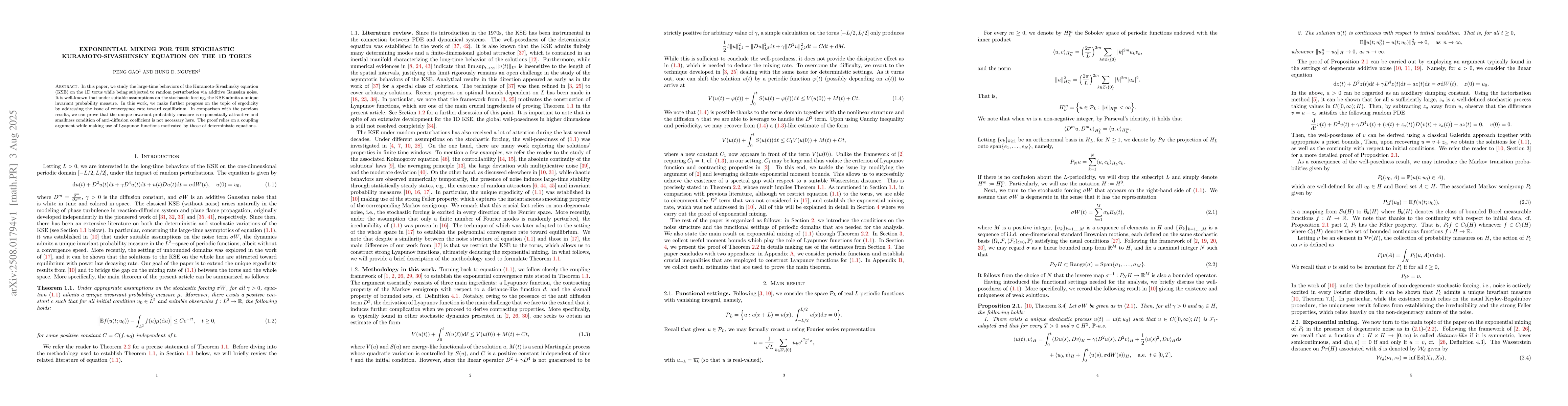 Thumbnail for Exponential mixing for the stochastic Kuramoto-Sivashinsky equation on
  the 1D torus