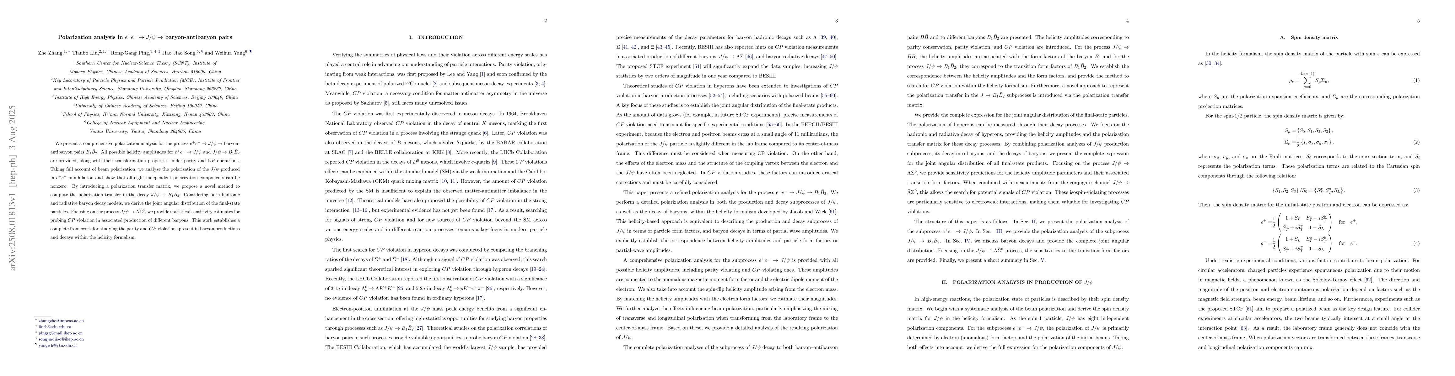 Thumbnail for Polarization analysis in $e^+e^-\rightarrow J/ψ\rightarrow$
  baryon-antibaryon pairs