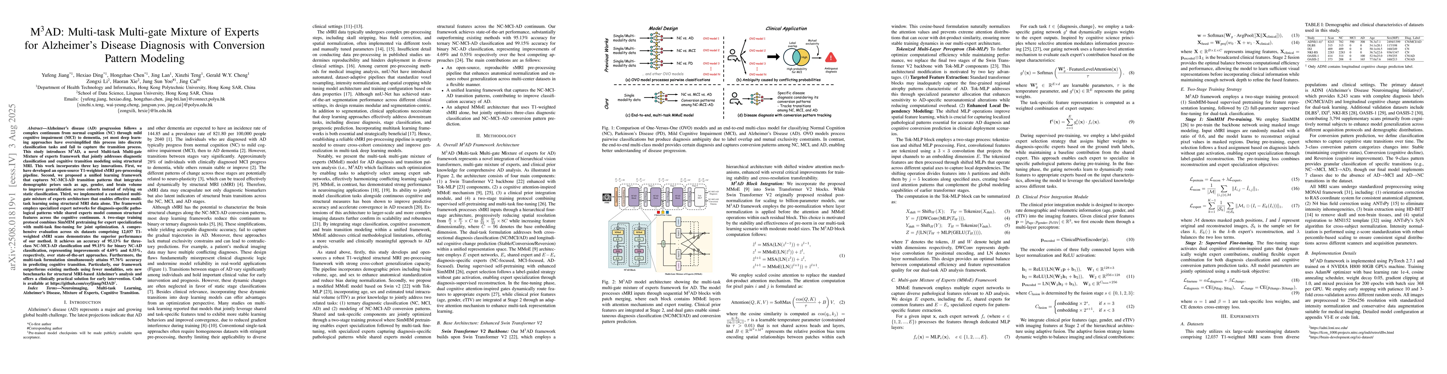 Thumbnail for M$^3$AD: Multi-task Multi-gate Mixture of Experts for Alzheimer's
  Disease Diagnosis with Conversion Pattern Modeling