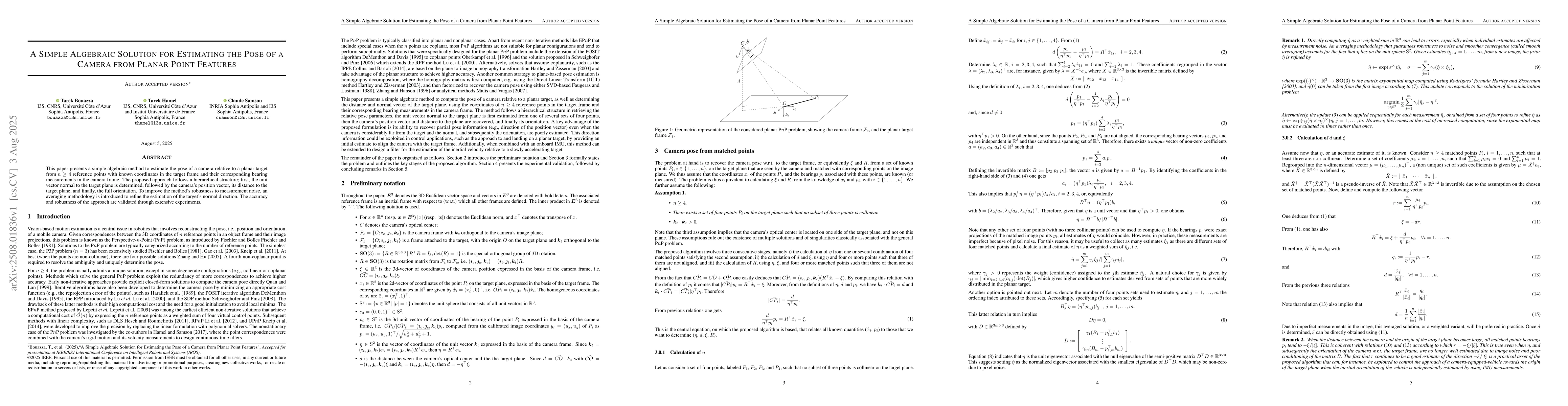 Thumbnail for A Simple Algebraic Solution for Estimating the Pose of a Camera from
  Planar Point Features