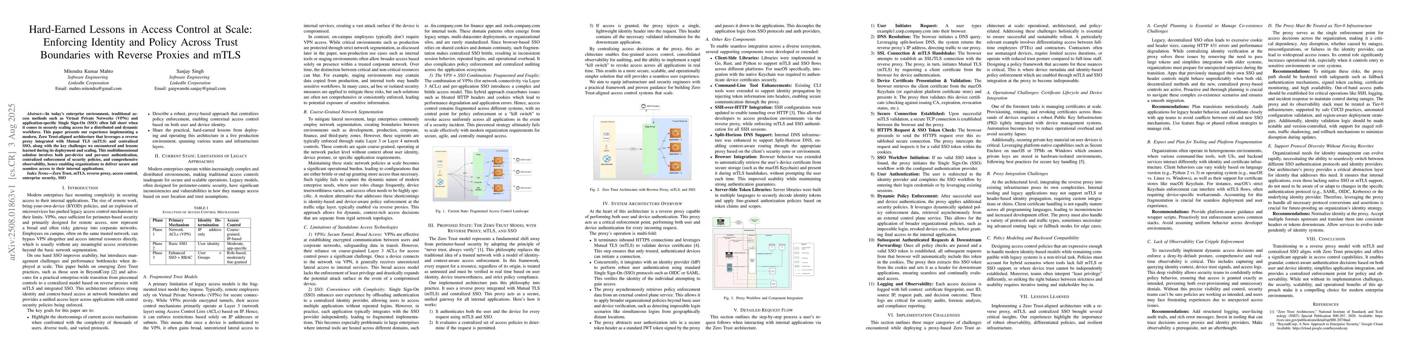 Thumbnail for Hard-Earned Lessons in Access Control at Scale: Enforcing Identity and
  Policy Across Trust Boundaries with Reverse Proxies and mTLS