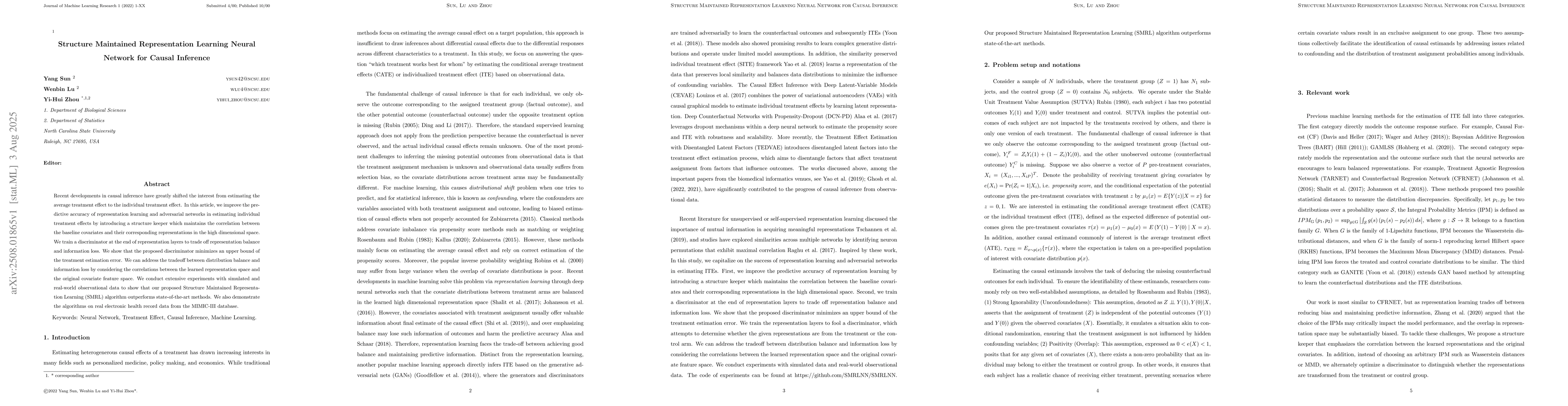 Thumbnail for Structure Maintained Representation Learning Neural Network for Causal
  Inference