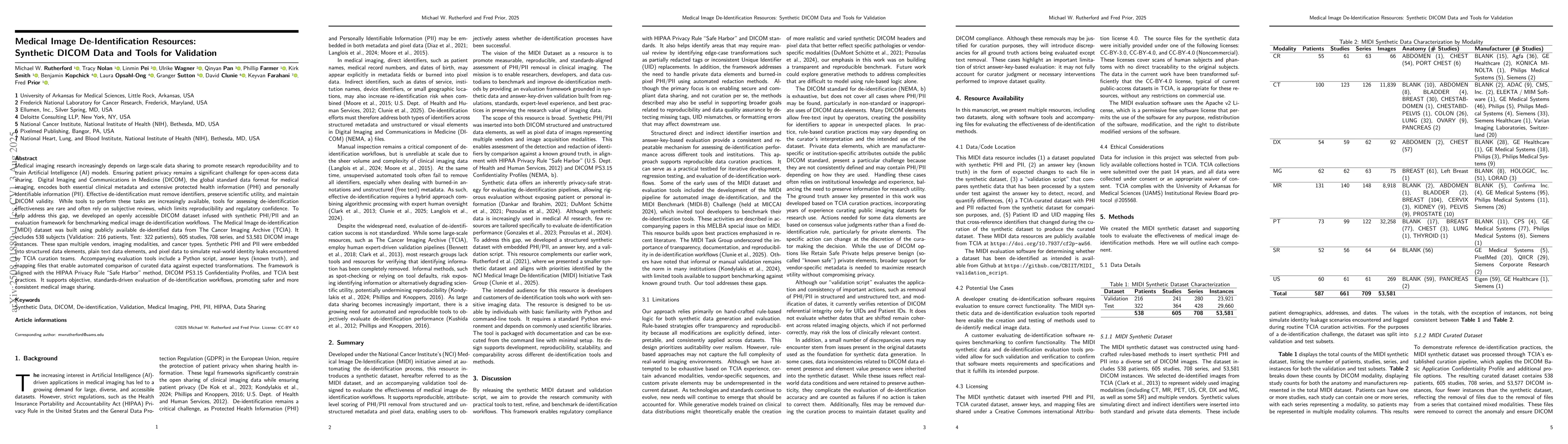 Thumbnail for Medical Image De-Identification Resources: Synthetic DICOM Data and
  Tools for Validation