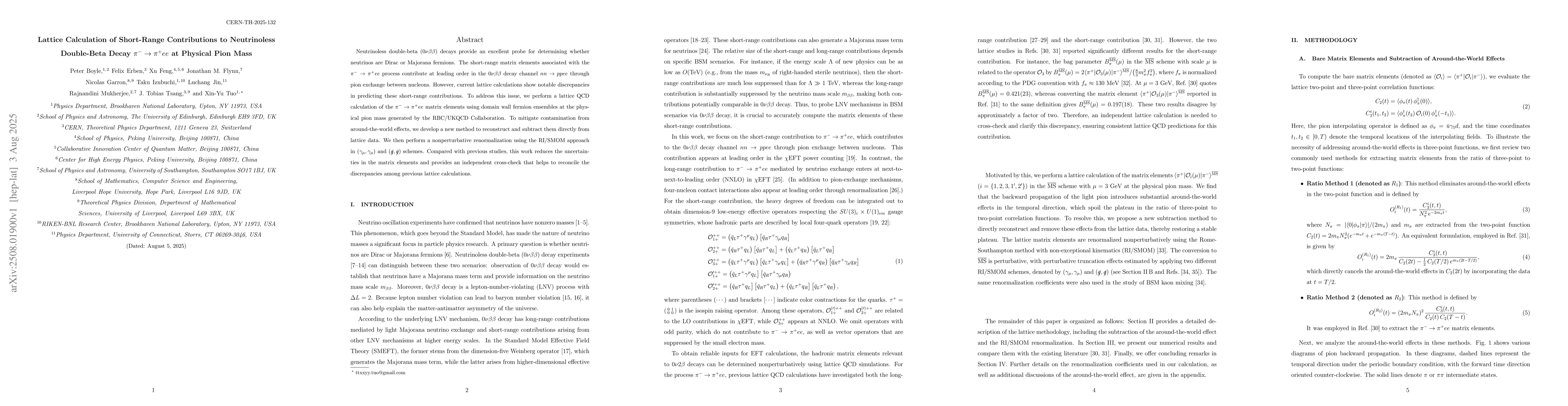 Thumbnail for Lattice Calculation of Short-Range Contributions to Neutrinoless
  Double-Beta Decay $π^-\toπ^+ ee$ at Physical Pion Mass