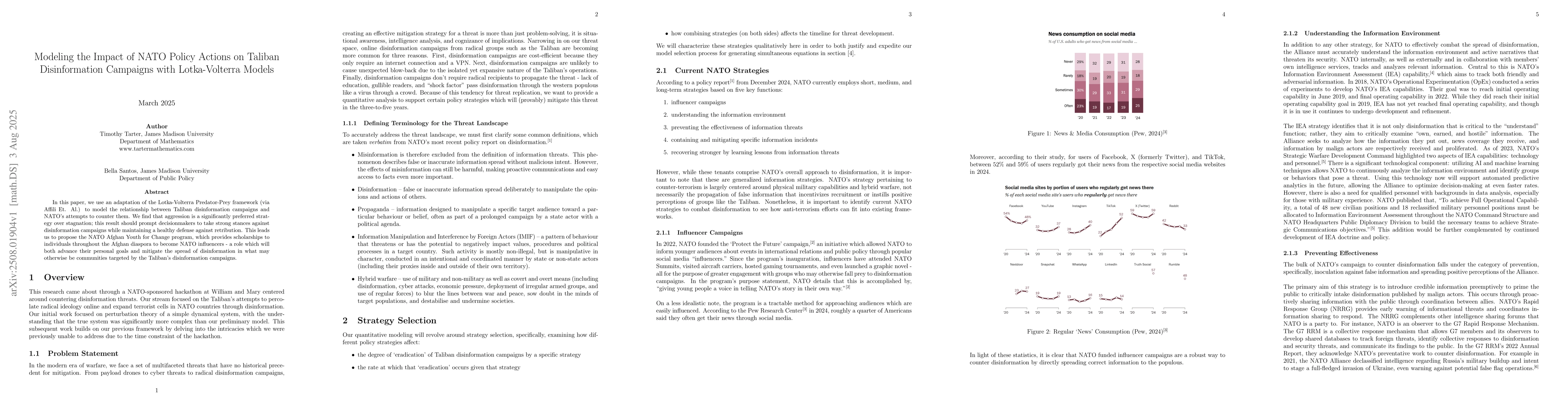 Thumbnail for Modeling the Impact of NATO Policy Actions on Taliban Disinformation
  Campaigns with Lotka-Volterra Models