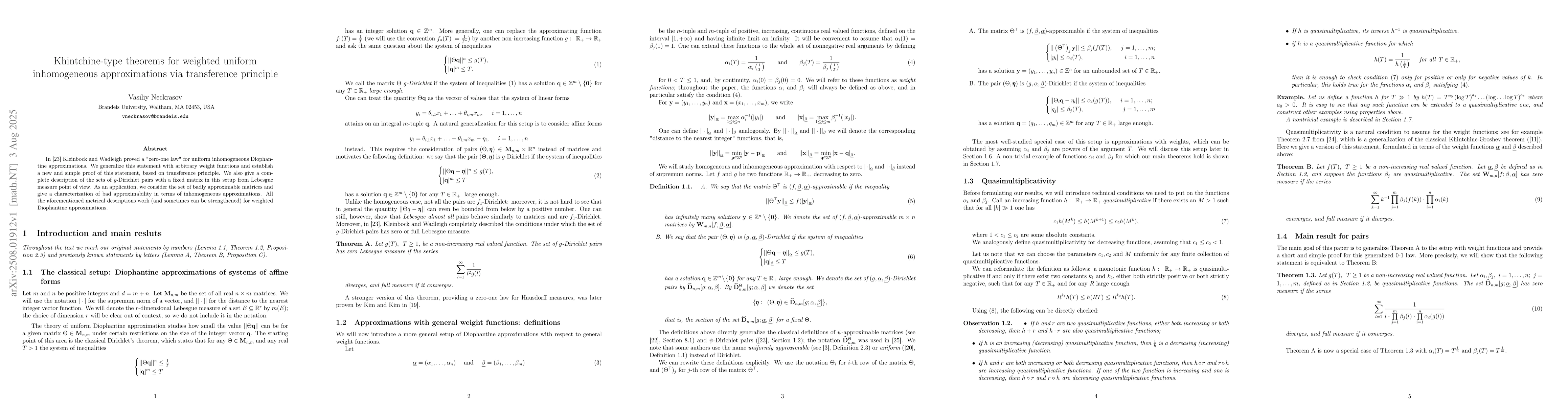 Thumbnail for Khintchine-type theorems for weighted uniform inhomogeneous
  approximations via transference principle