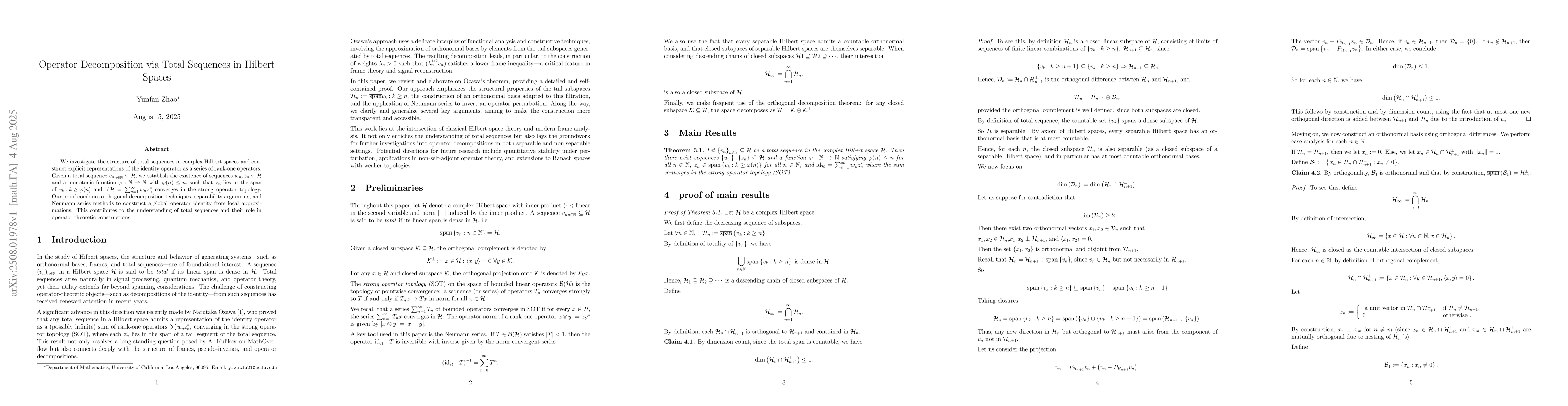 Thumbnail for Operator Decomposition via Total Sequences in Hilbert Spaces