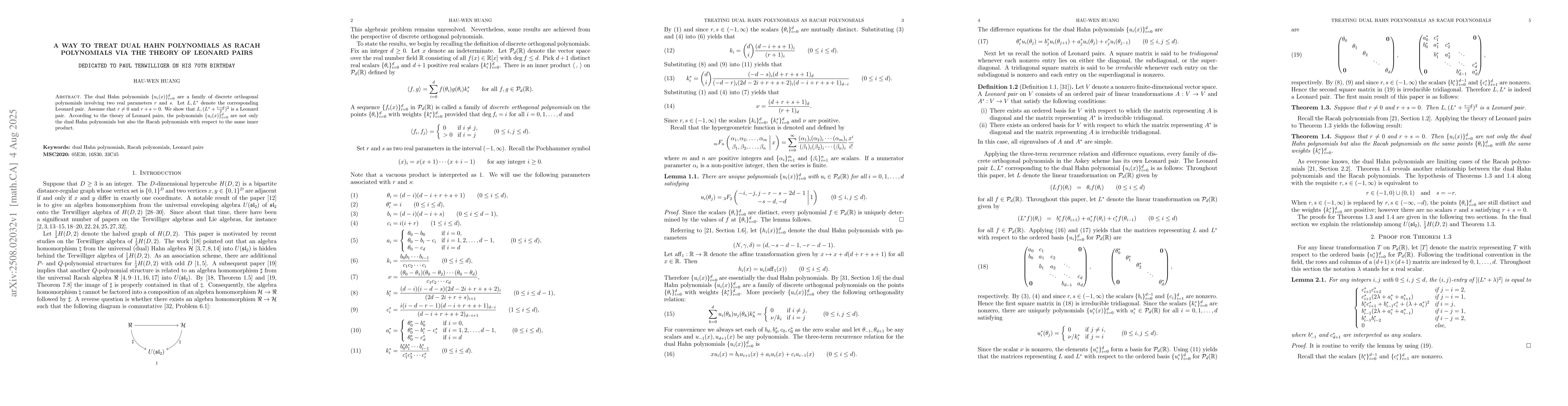 Thumbnail for A way to treat dual Hahn polynomials as Racah polynomials via the theory
  of Leonard pairs