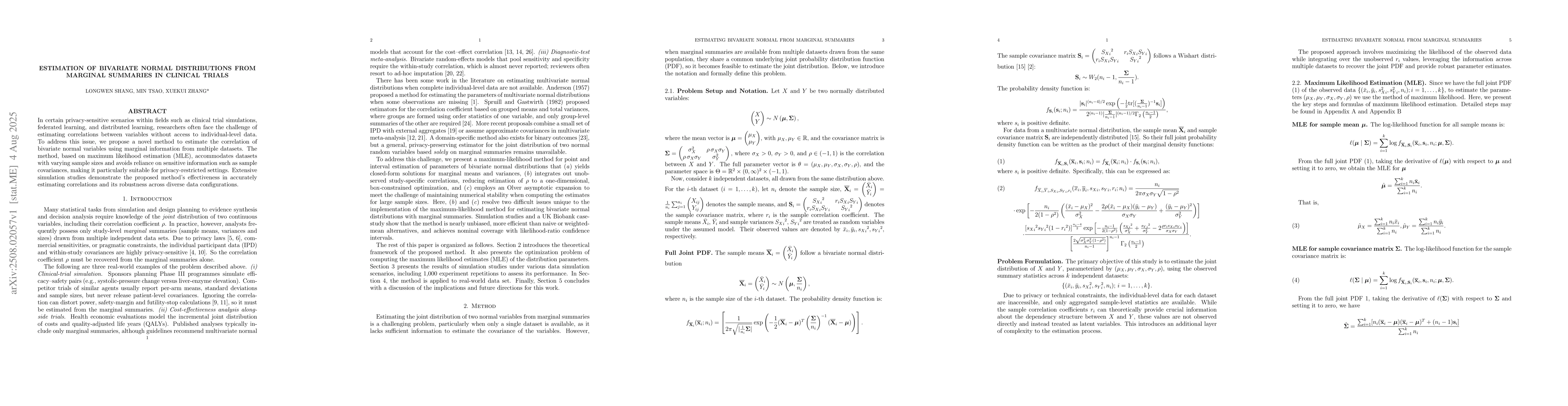 Thumbnail for Estimation of Bivariate Normal Distributions from Marginal Summaries in
  Clinical Trials