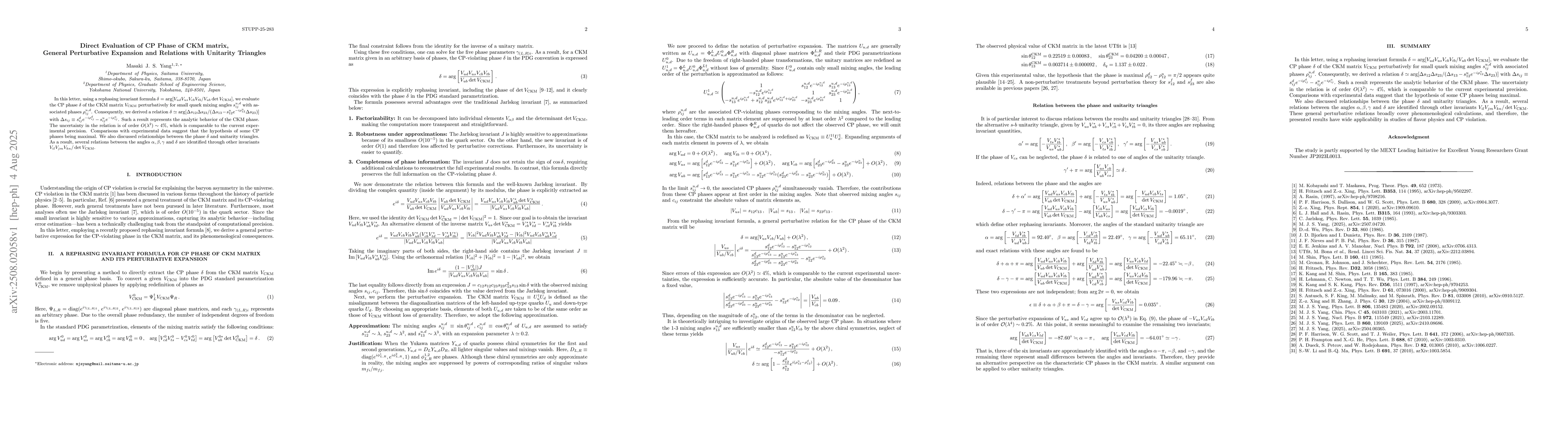Thumbnail for Direct Evaluation of CP Phase of CKM matrix, General Perturbative
  Expansion and Relations with Unitarity Triangles