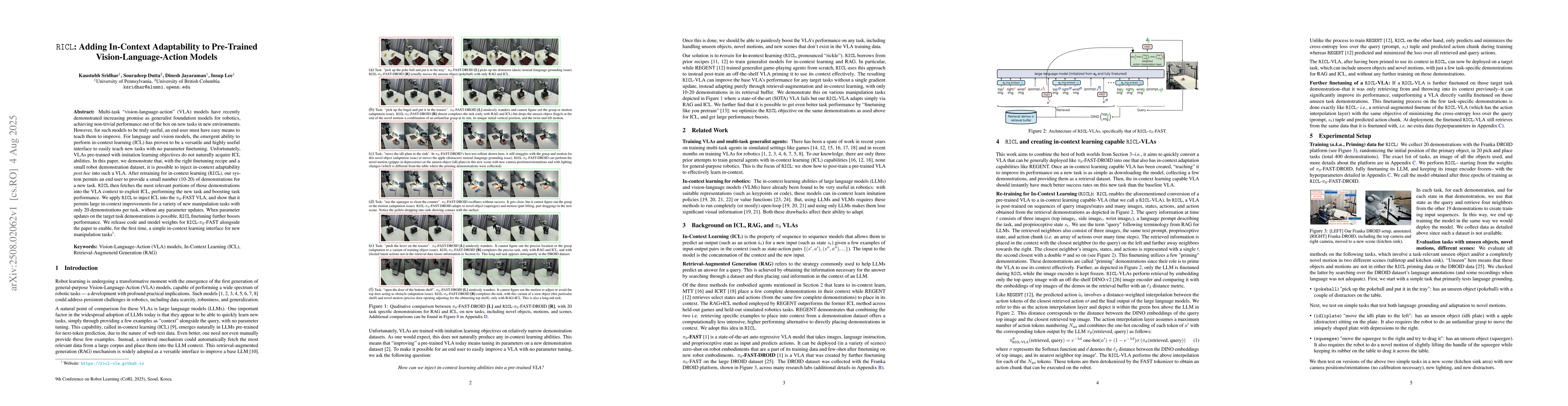 Thumbnail for RICL: Adding In-Context Adaptability to Pre-Trained
  Vision-Language-Action Models