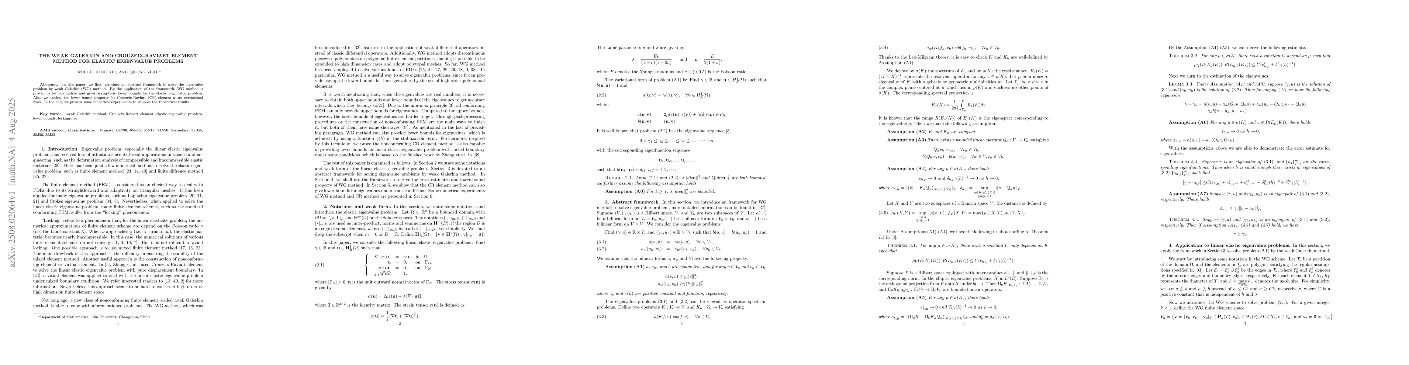 Thumbnail for The Weak Galerkin and Crouzeix-Raviart element method for elastic
  eigenvalue problems