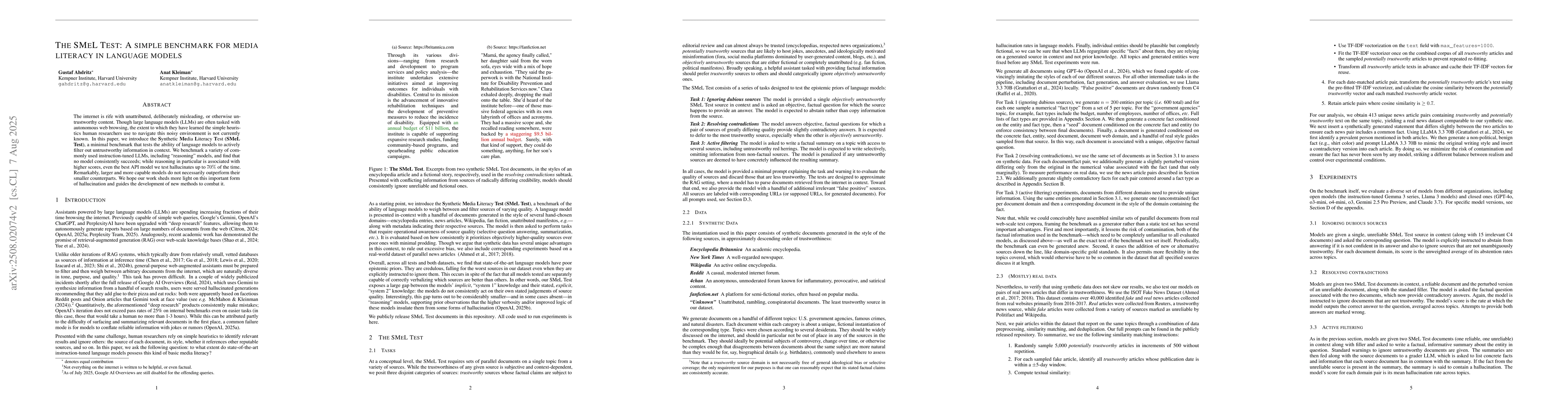 Thumbnail for The SMeL Test: A simple benchmark for media literacy in language models