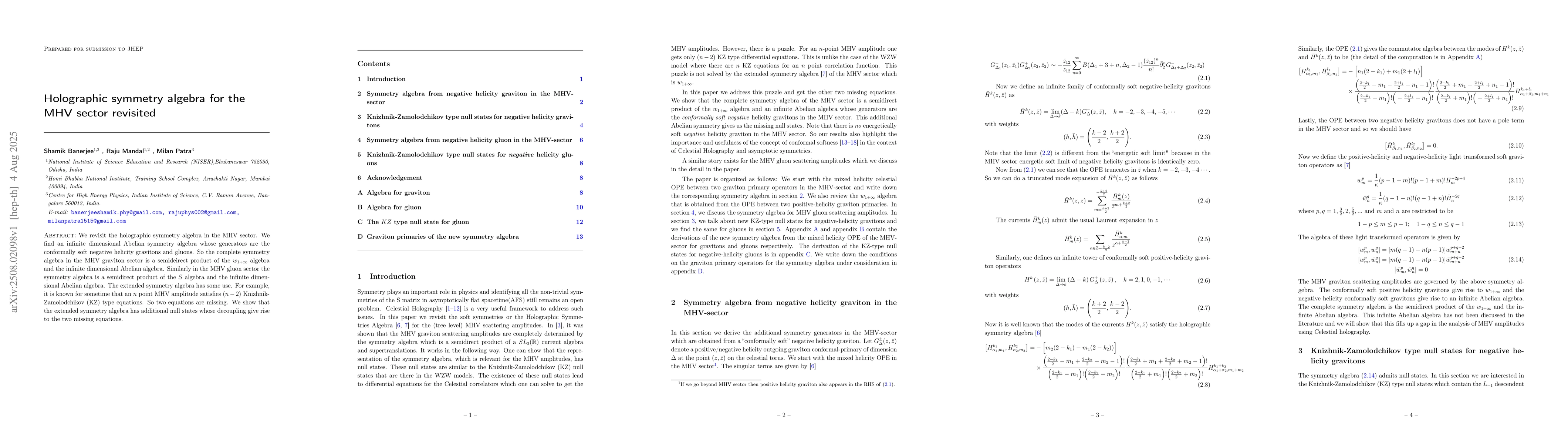 Thumbnail for Holographic symmetry algebra for the MHV sector revisited