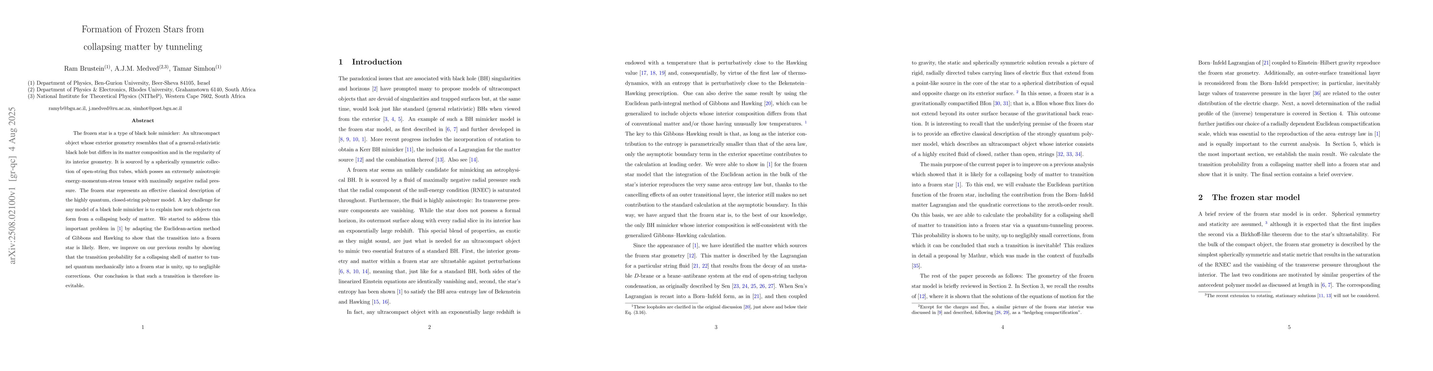 Thumbnail for Formation of Frozen Stars from collapsing matter by tunneling