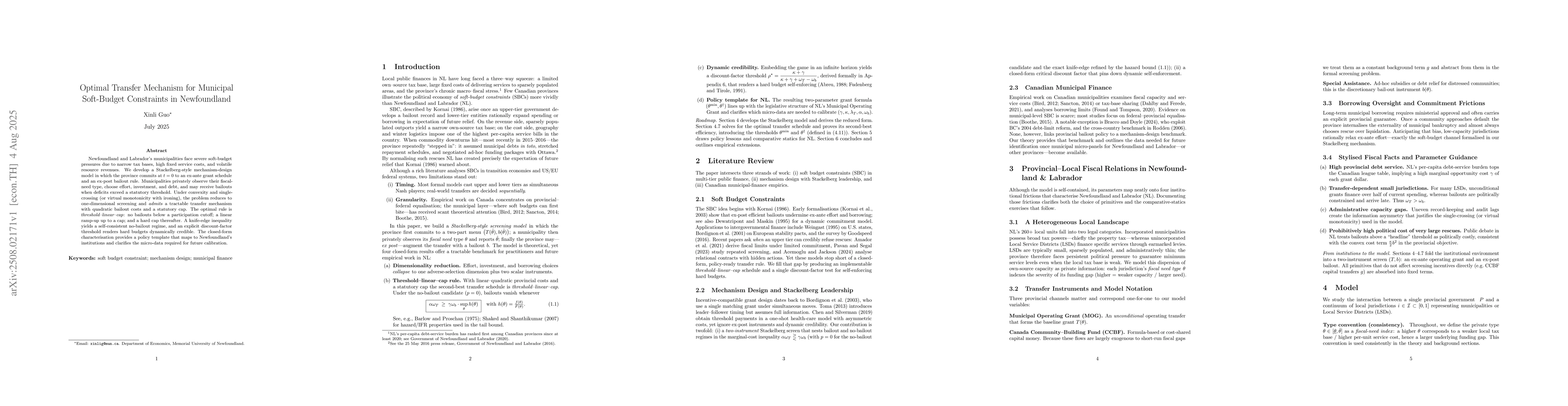 Thumbnail for Optimal Transfer Mechanism for Municipal Soft-Budget Constraints in
  Newfoundland