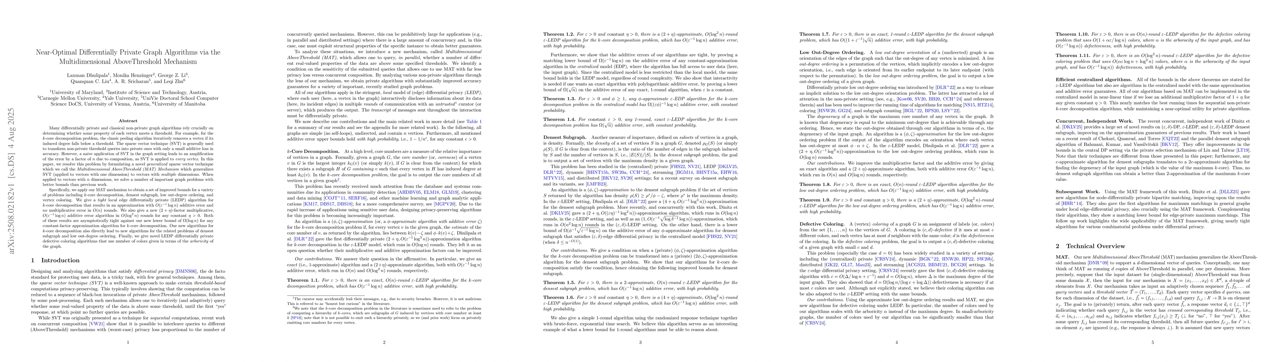 Thumbnail for Near-Optimal Differentially Private Graph Algorithms via the
  Multidimensional AboveThreshold Mechanism