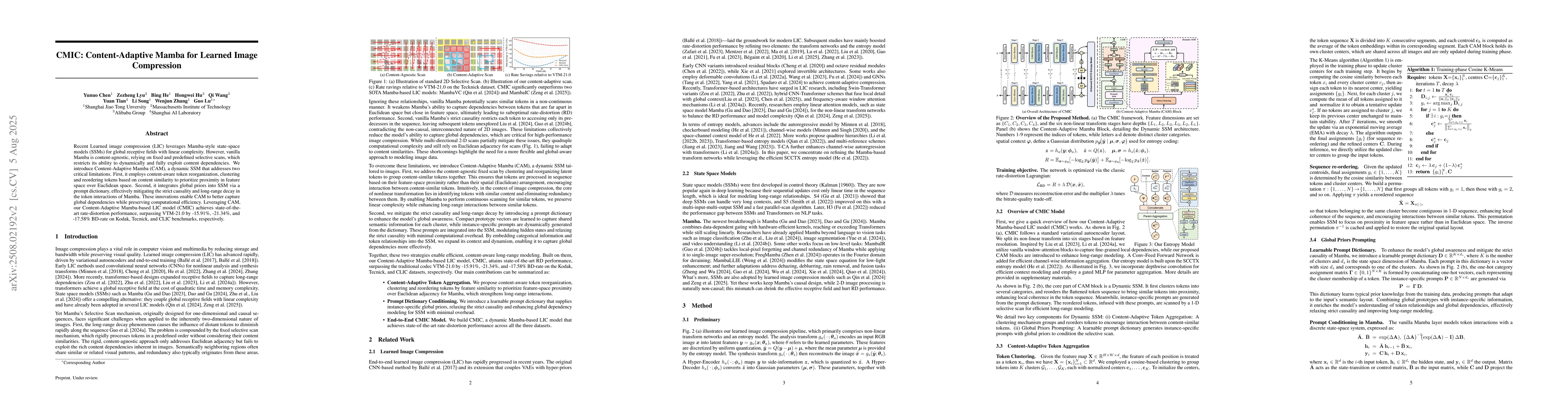 Thumbnail for CMIC: Content-Adaptive Mamba for Learned Image Compression