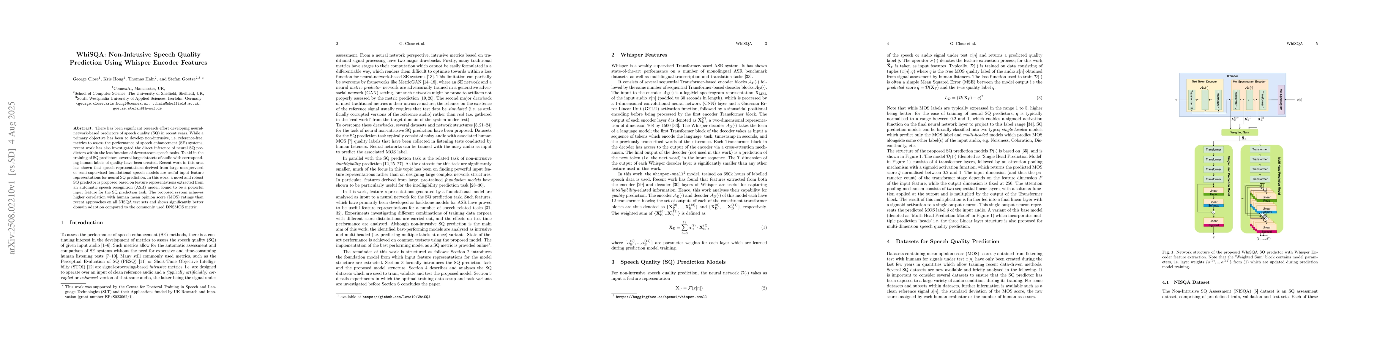Thumbnail for WhiSQA: Non-Intrusive Speech Quality Prediction Using Whisper Encoder
  Features