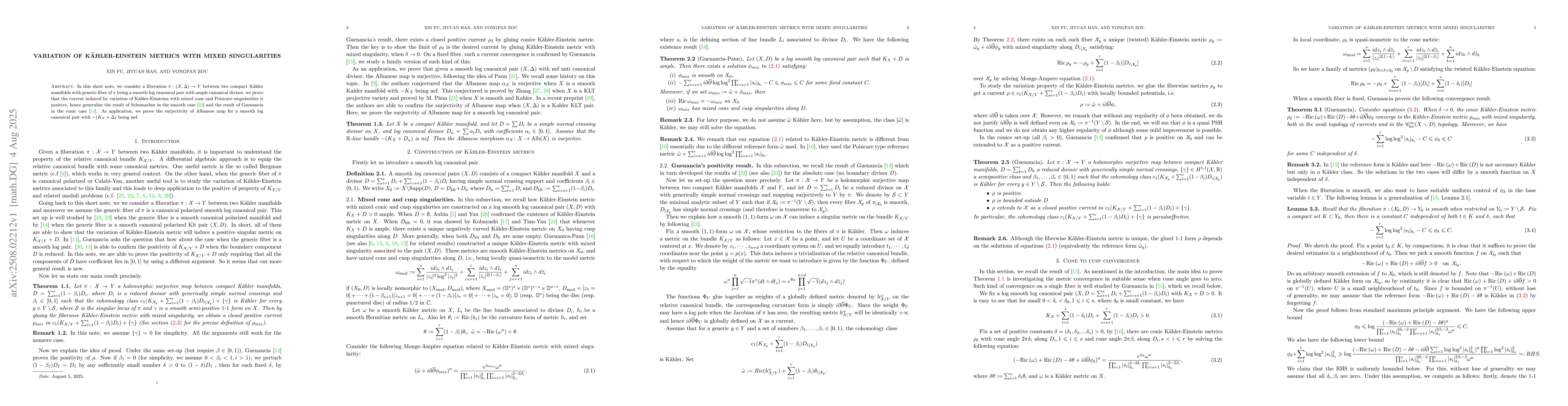 Thumbnail for Variation of Kahler-Einstein metrics with mixed singularities