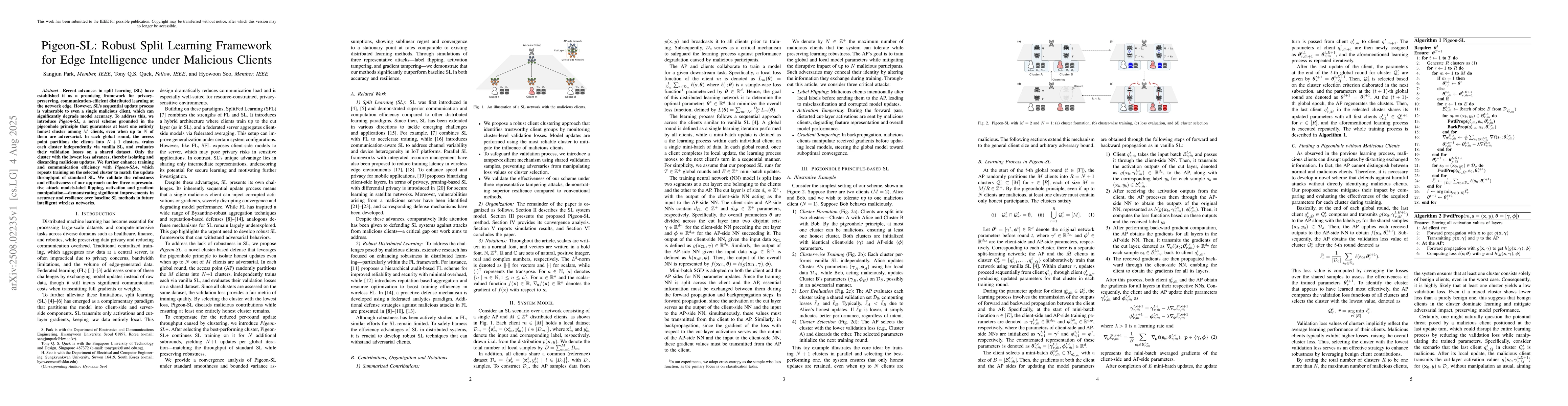 Thumbnail for Pigeon-SL: Robust Split Learning Framework for Edge Intelligence under
  Malicious Clients