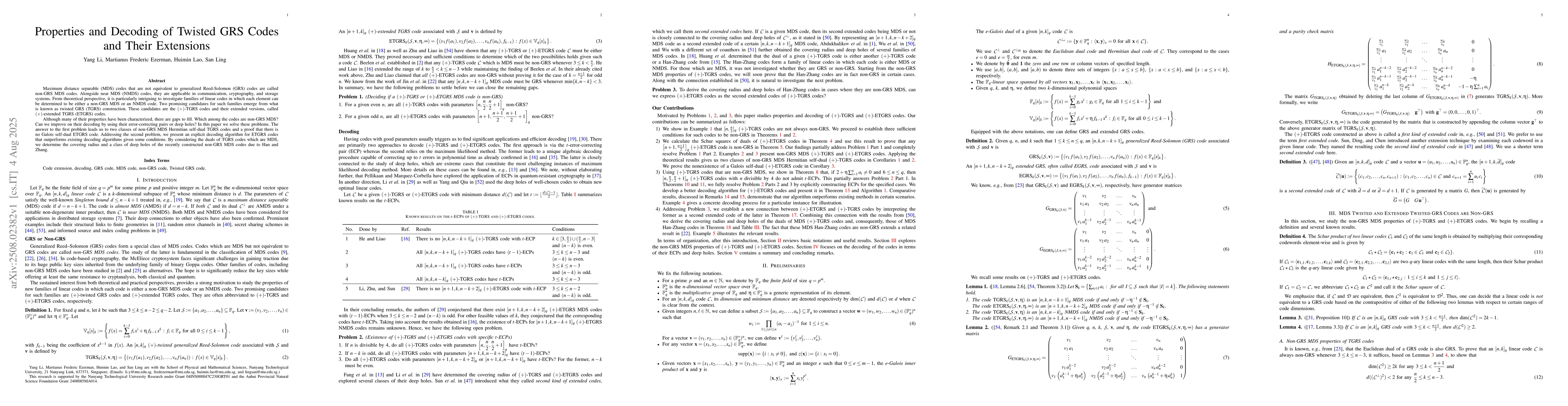 Thumbnail for Properties and Decoding of Twisted GRS Codes and Their Extensions