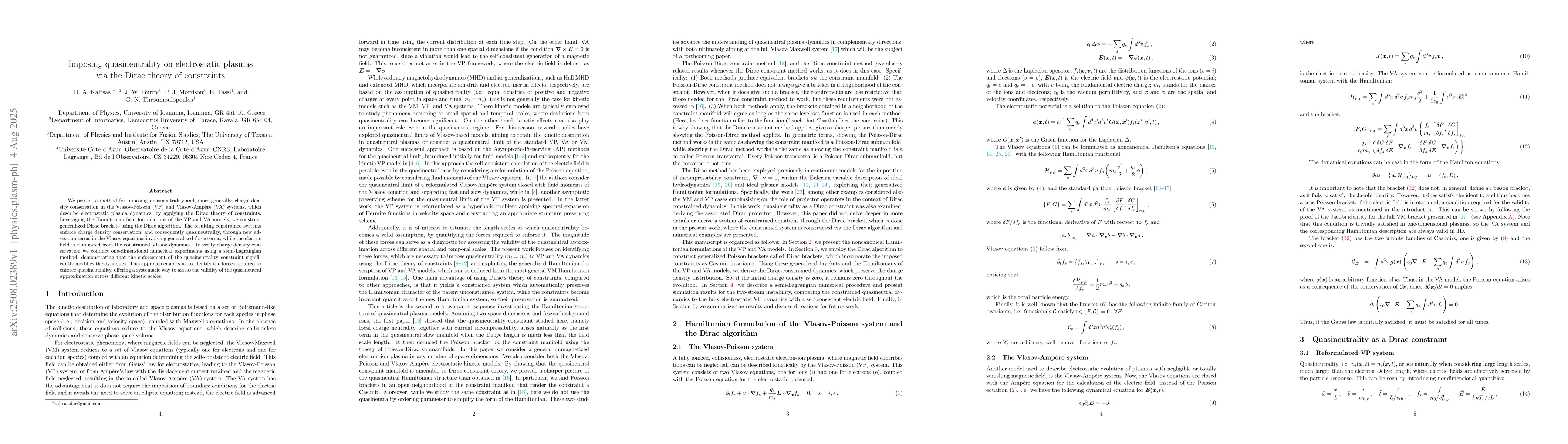 Thumbnail for Imposing quasineutrality on electrostatic plasmas via the Dirac theory
  of constraints