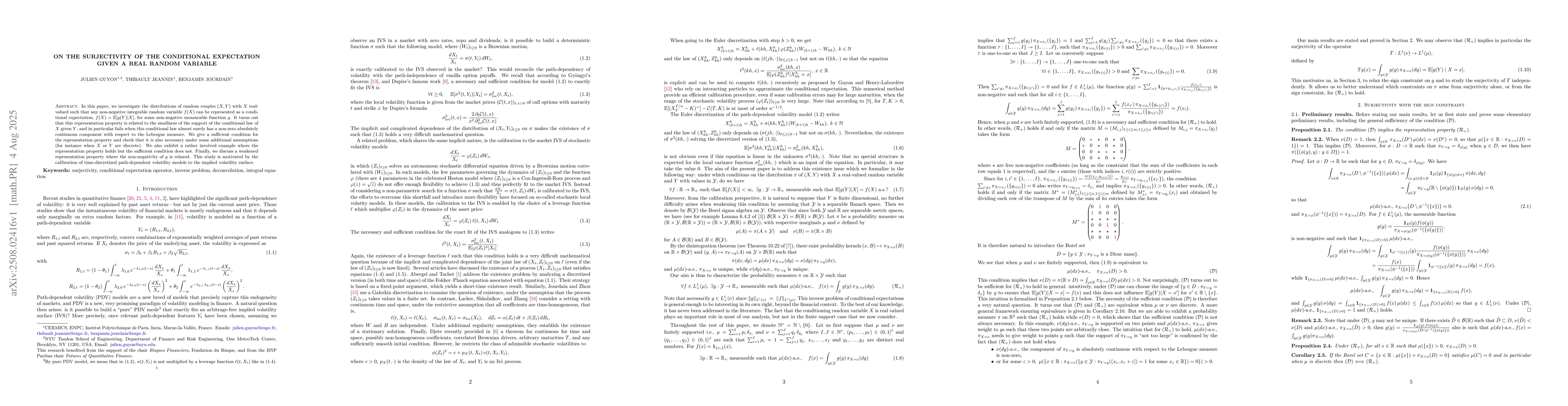 Thumbnail for On the surjectivity of the conditional expectation given a real random
  variable