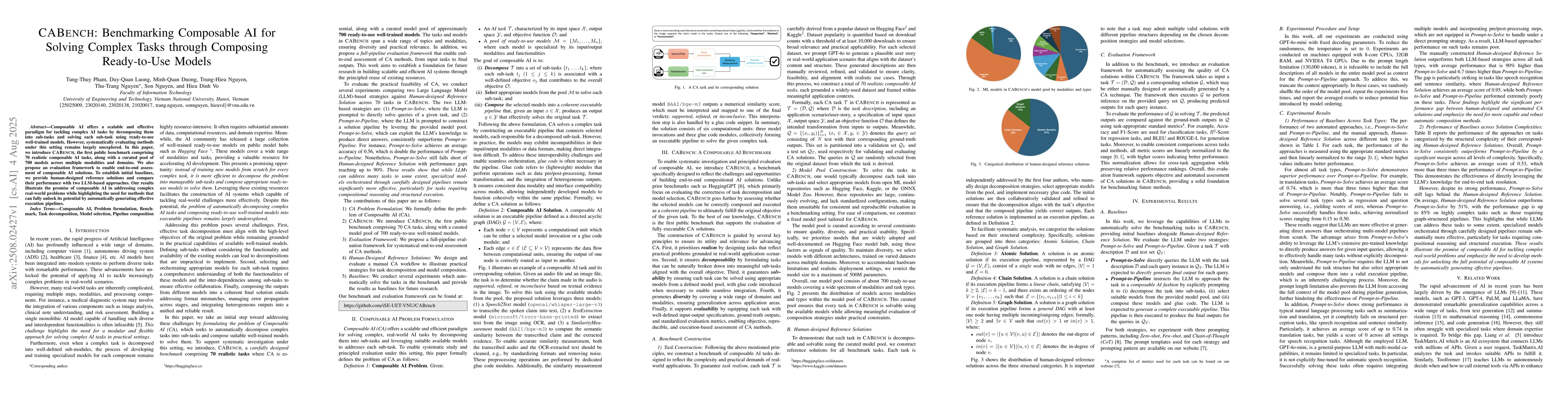 Thumbnail for CABENCH: Benchmarking Composable AI for Solving Complex Tasks through
  Composing Ready-to-Use Models