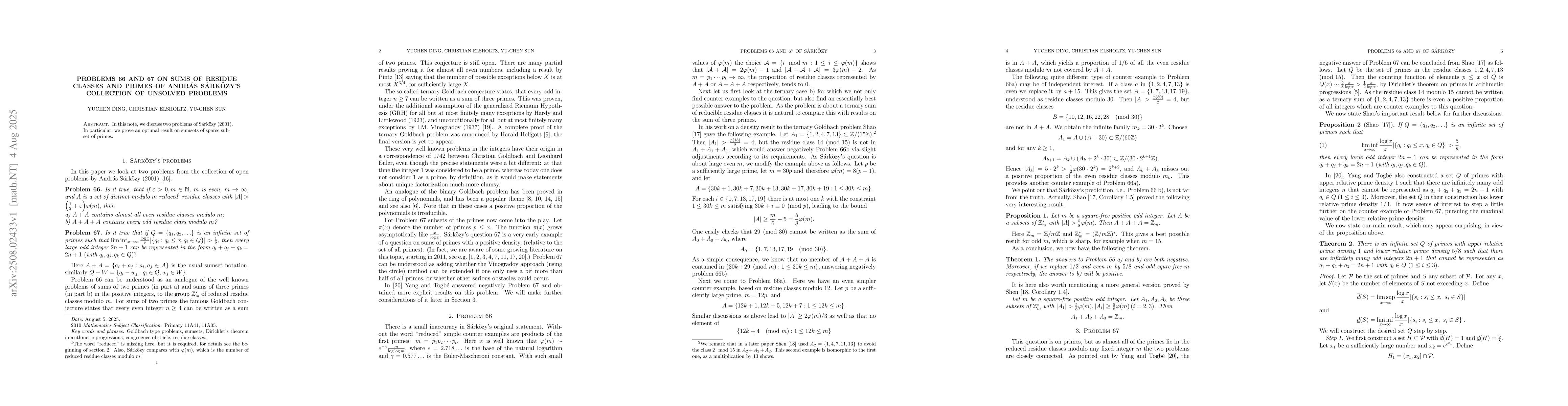 Thumbnail for Problems 66 and 67 on sums of residue classes and primes of András
  Sárközy's collection of unsolved problems