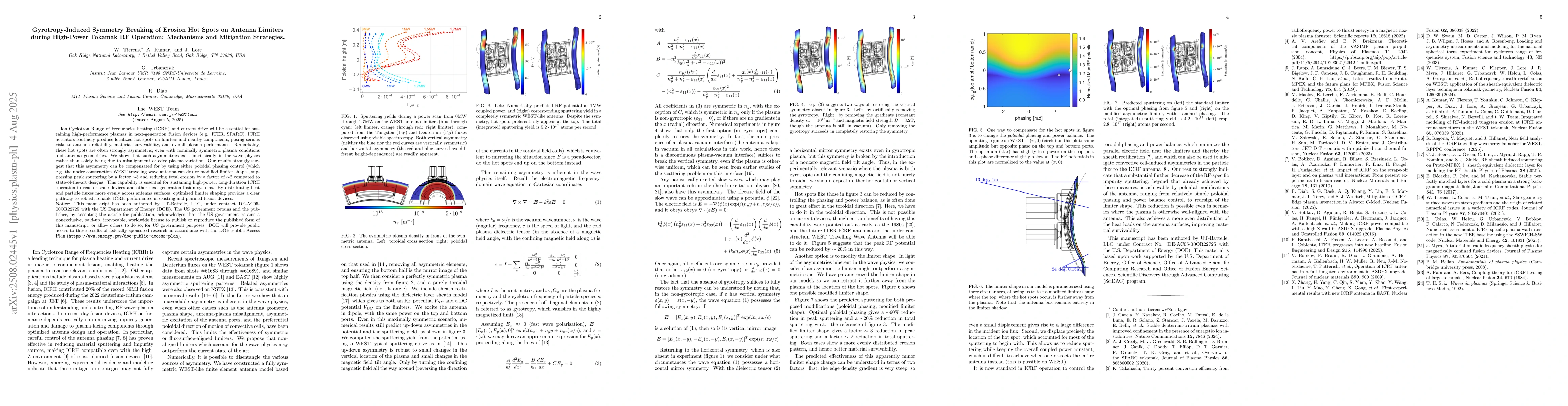 Thumbnail for Gyrotropy-Induced Symmetry Breaking of Erosion Hot Spots on Antenna
  Limiters during High-Power Tokamak RF Operation: Mechanisms and Mitigation
  Strategies