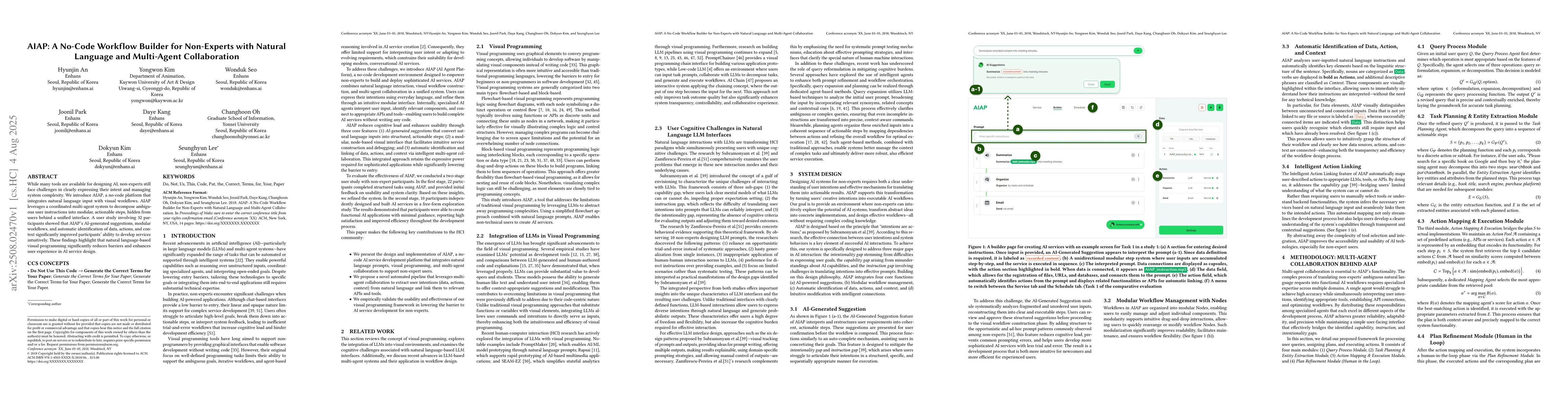 Thumbnail for AIAP: A No-Code Workflow Builder for Non-Experts with Natural Language
  and Multi-Agent Collaboration