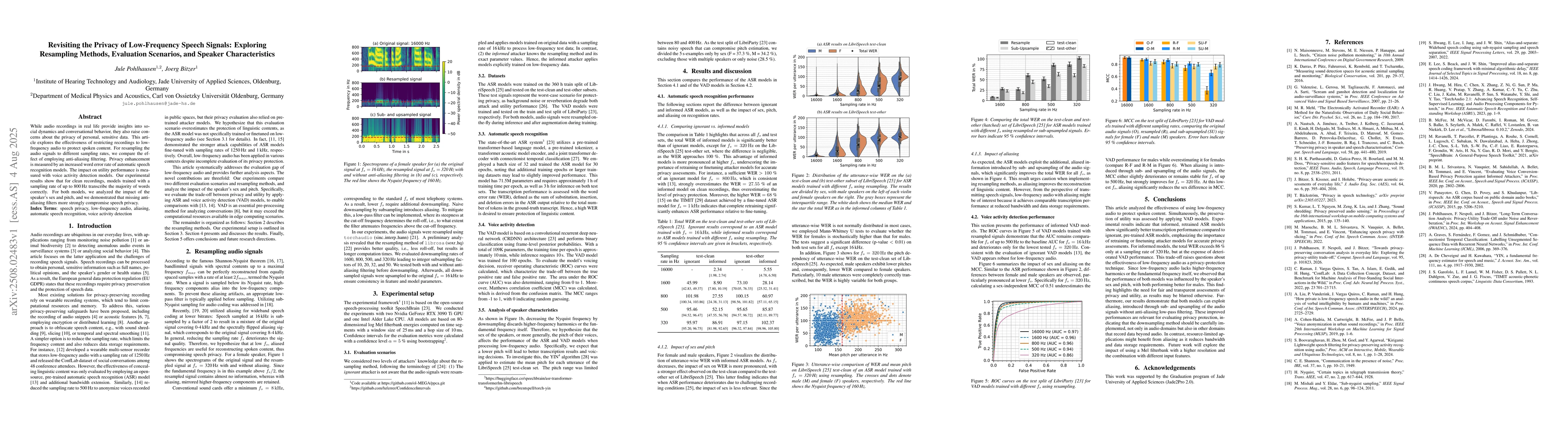 Thumbnail for Revisiting the Privacy of Low-Frequency Speech Signals: Exploring
  Resampling Methods, Evaluation Scenarios, and Speaker Characteristics