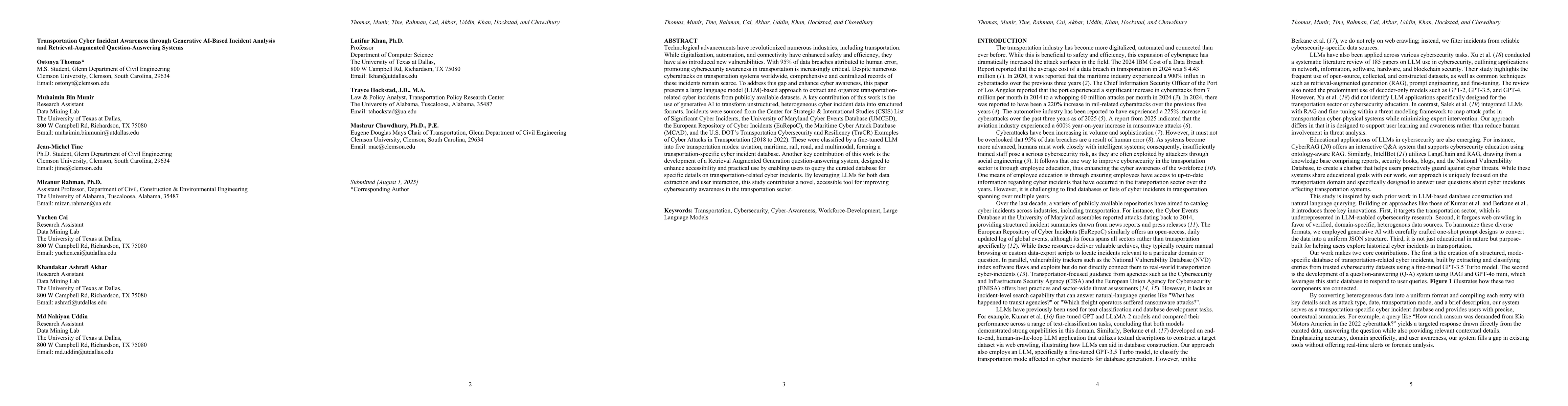 Thumbnail for Transportation Cyber Incident Awareness through Generative AI-Based
  Incident Analysis and Retrieval-Augmented Question-Answering Systems
