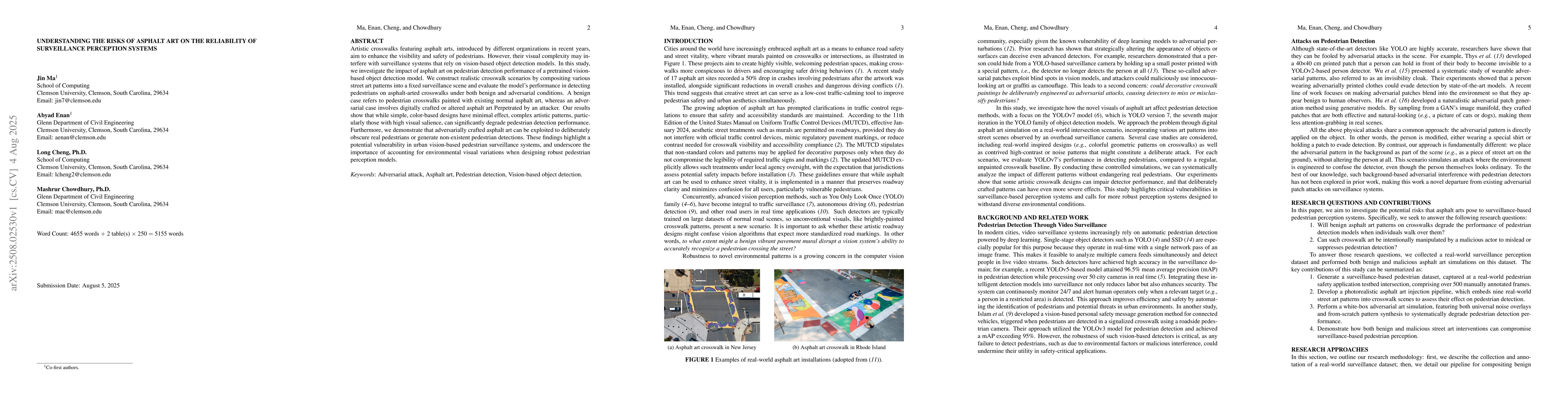 Thumbnail for Understanding the Risks of Asphalt Art on the Reliability of
  Surveillance Perception Systems