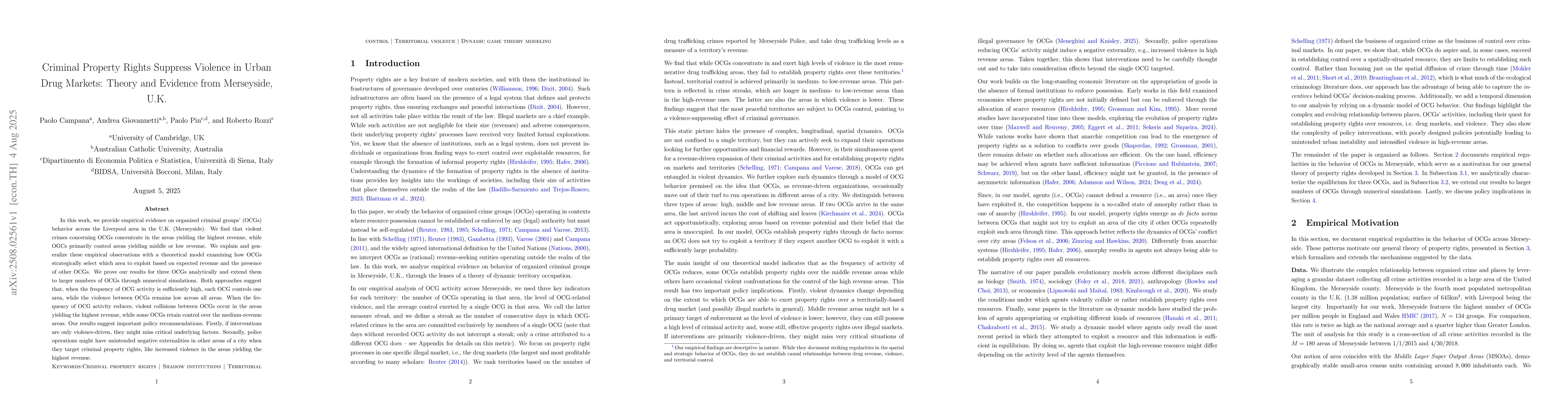 Thumbnail for Criminal Property Rights Suppress Violence in Urban Drug Markets: Theory
  and Evidence from Merseyside, U.K