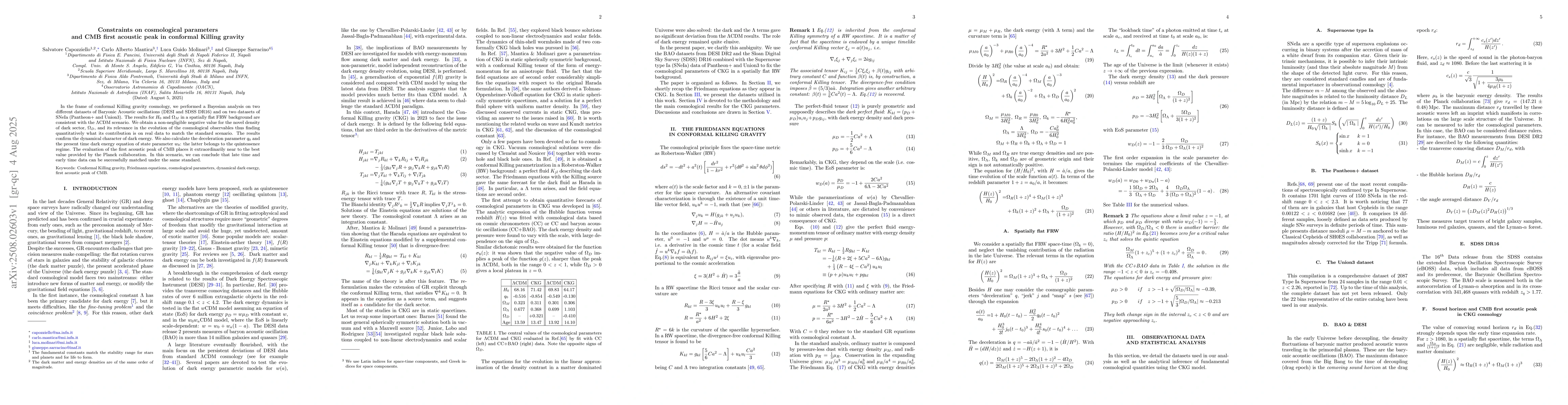 Thumbnail for Constraints on cosmological parameters and CMB first acoustic peak in
  conformal Killing gravity