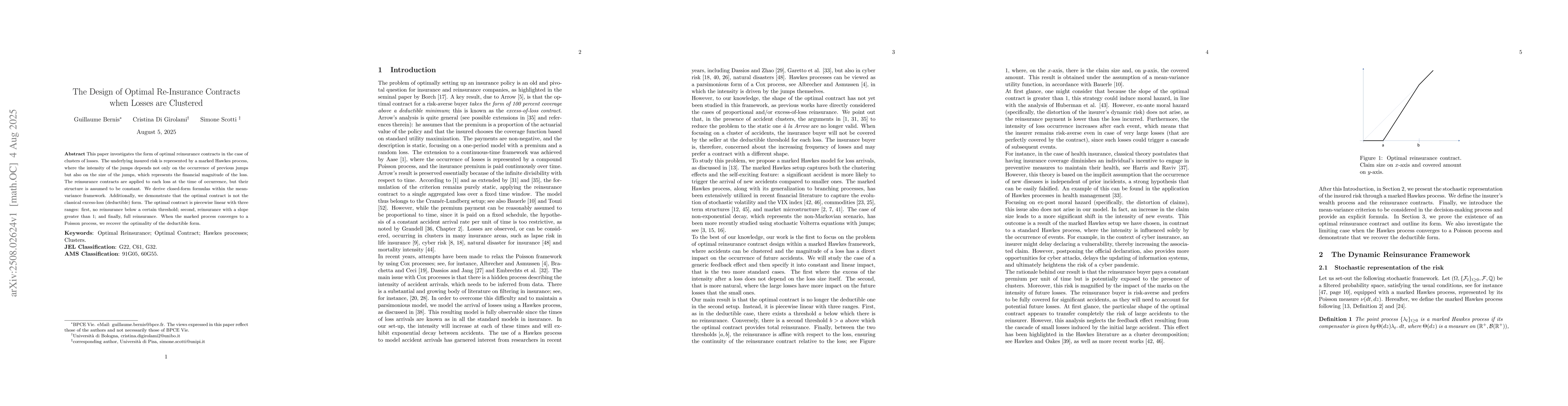 Thumbnail for The Design of Optimal Re-Insurance Contracts when Losses are Clustered