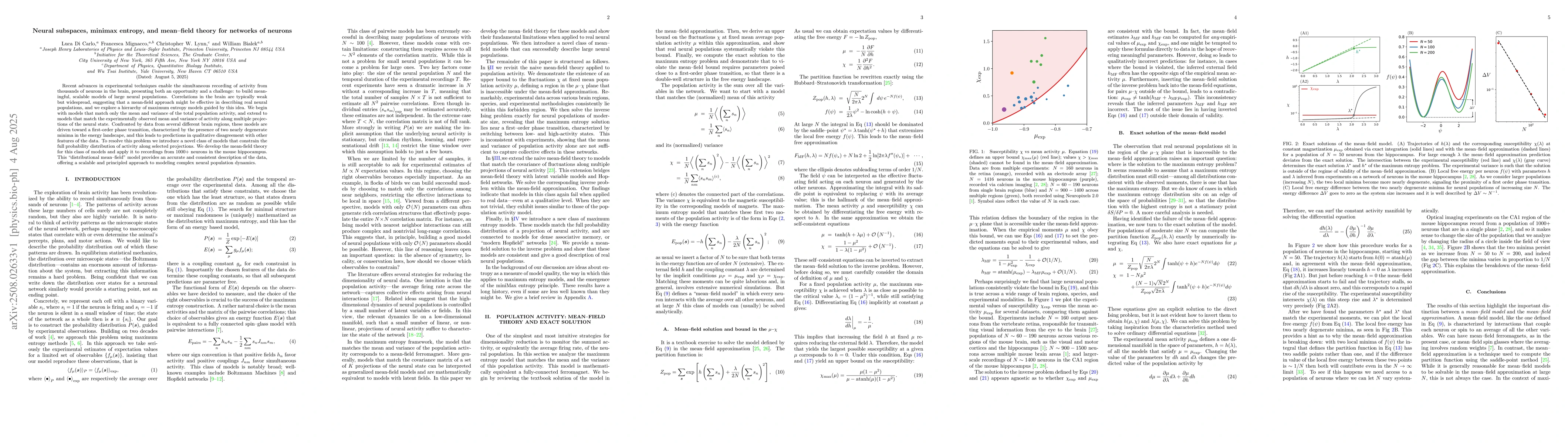 Thumbnail for Neural subspaces, minimax entropy, and mean-field theory for networks of
  neurons